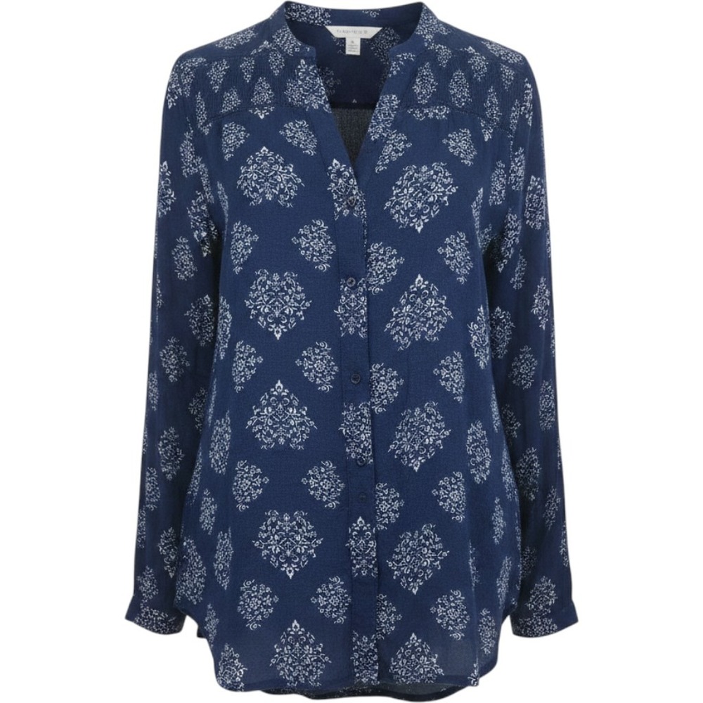 One‎ The Land Women Small Blue Paisley Long Sleeve Button Up Hi-low Top Blouse
